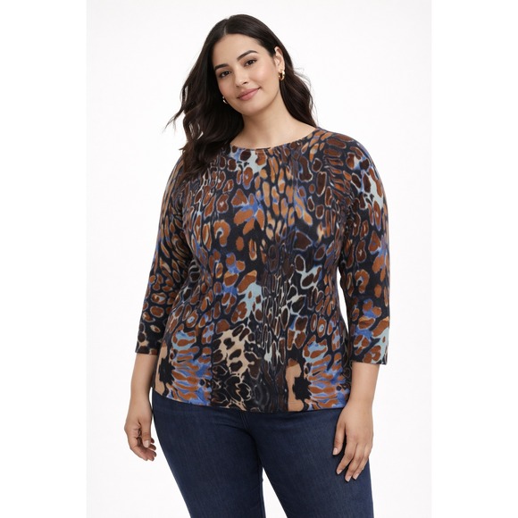 Talbots Sweaters - Talbots Woman Petites 1XP Merino Wool Sweater Animal Leopard Print Blue‎ Brown